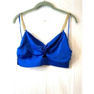ZARA Blue Satin Twist Front Crop Top Gold Chain Straps Cutout Size Small S